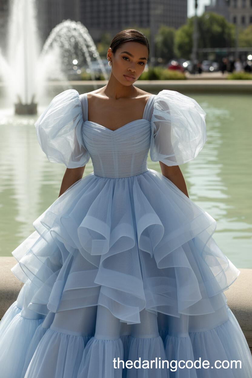 Sky Blue Organza Wedding Gown With Puff Sleeves And Tiered Skirt