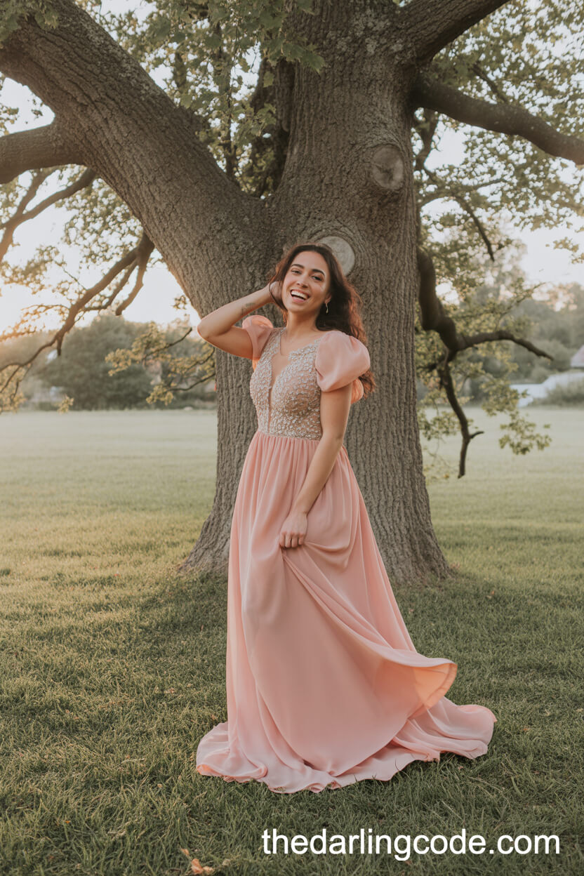 Pastel Coral Empire Waist Wedding Dress With Embellished Bodice