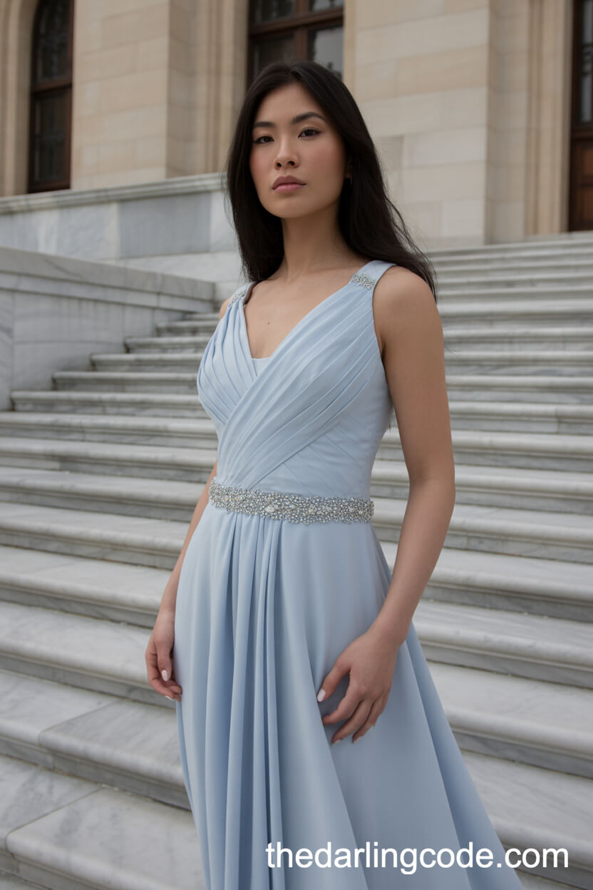 Icy Blue Grecian-Inspired Wedding Gown With Draped Silk
