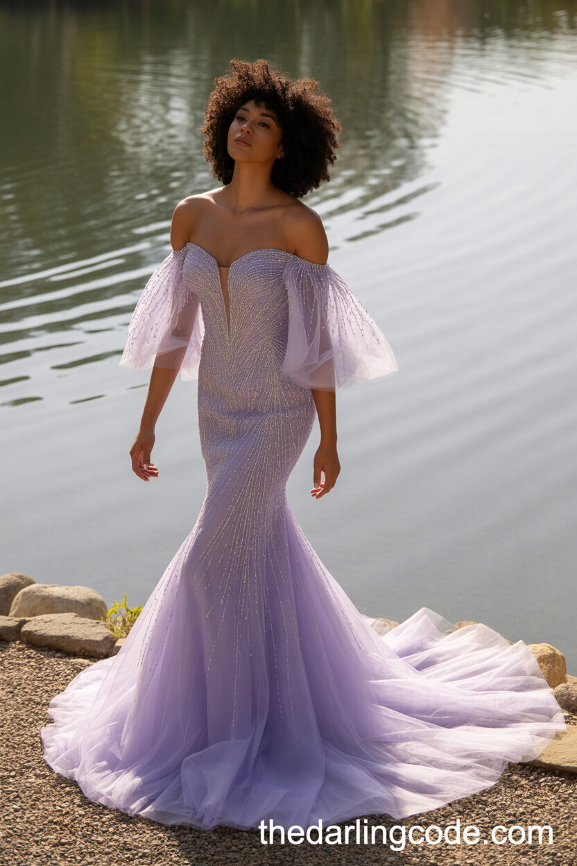 Pastel Lavender Mermaid Wedding Dress With Off-The-Shoulder Sleeves