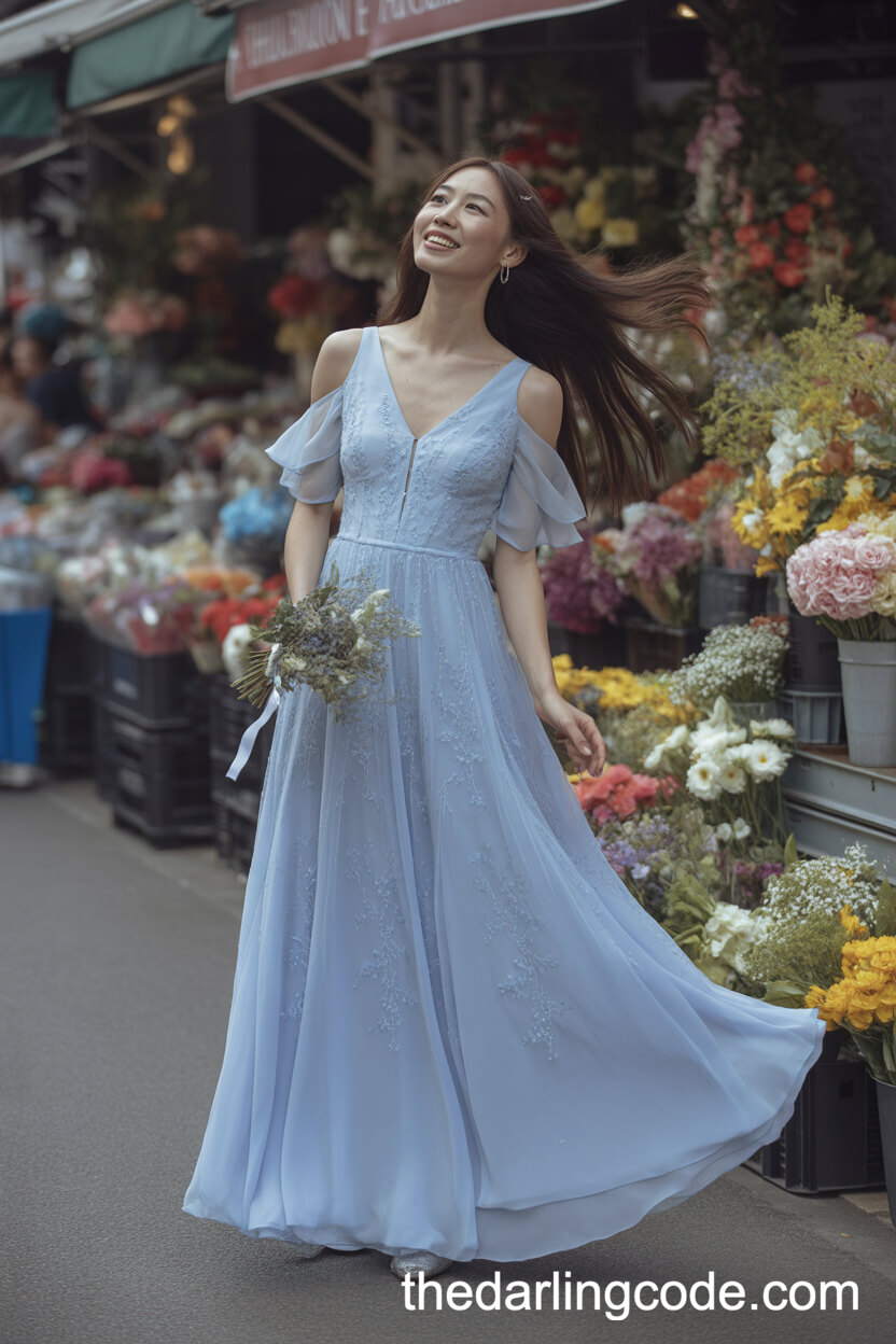 Powder Blue A-Line Wedding Dress With Chiffon Layers And Lace Appliqué