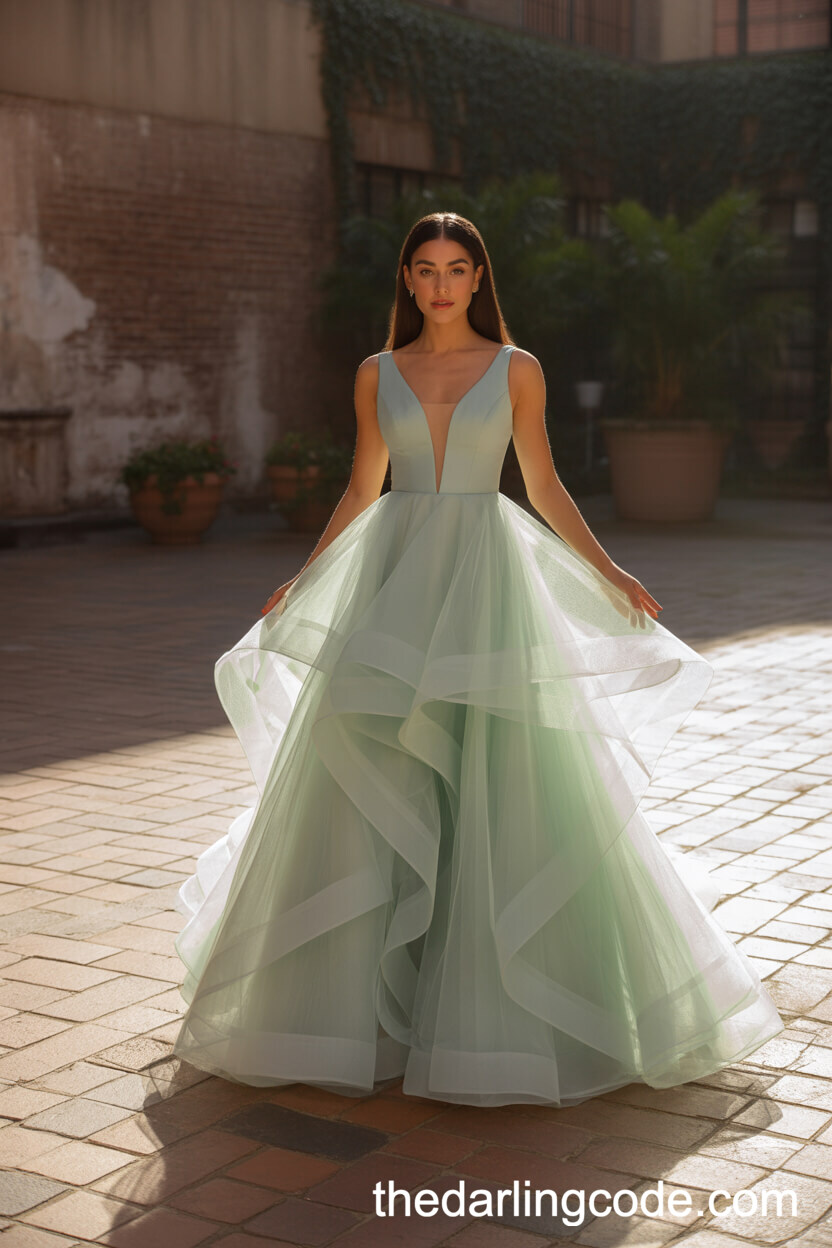 Mint Green Tulle Wedding Dress With Deep V-Neckline And Layered Skirt