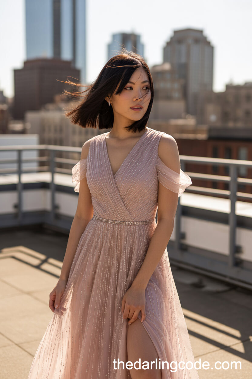 Dusty Rose Wrap Wedding Gown With Thigh-High Slit And Beaded Details