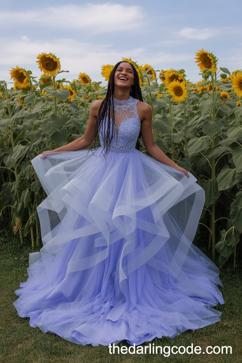 Periwinkle Blue Tulle Wedding Dress With Illusion Neckline And Flowing Skirt