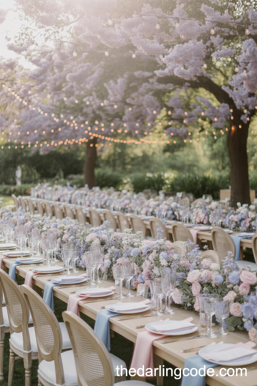 Blooming Garden Reception With Pastel Linens And Floral Centerpieces