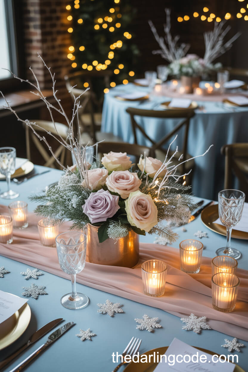 Winter Wedding Tables With Frosted Pastel Florals And Fairy Lights