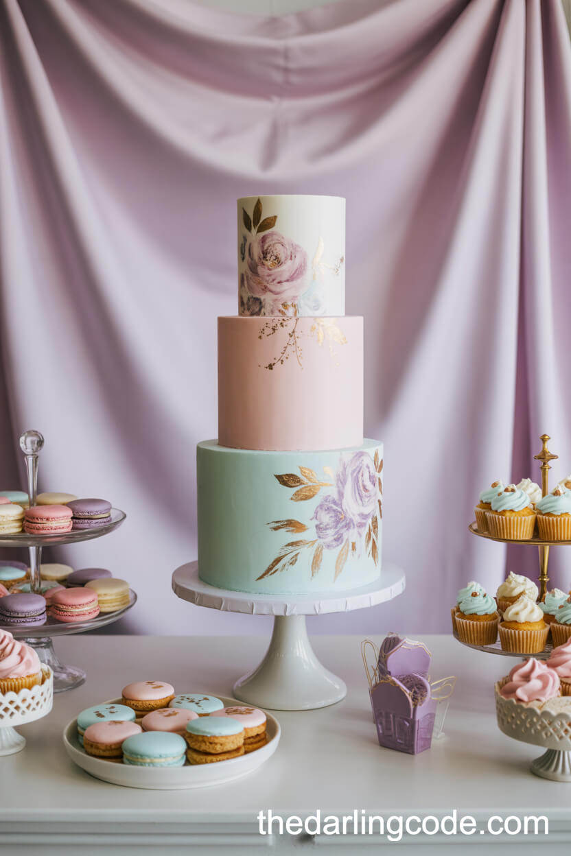 Pastel Dessert Table With Hand-Painted Floral Cake