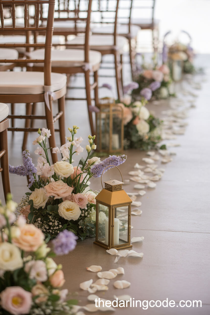 Aisle Lined With Low Pastel Florals And Lanterns
