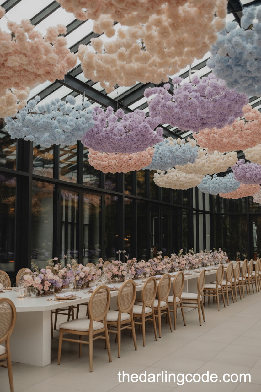 Indoor Reception With Hanging Pastel Floral Installations