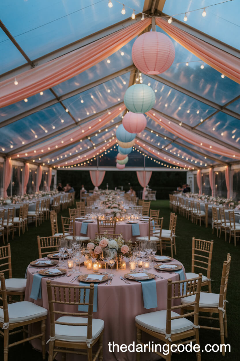 Outdoor Dusk Reception With Pastel Tented Lighting