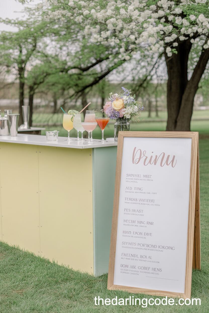 Pastel Cocktail Bar Setup With Signature Drinks Display