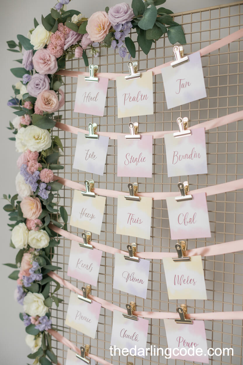 Watercolor Escort Card Display With Pastel Florals