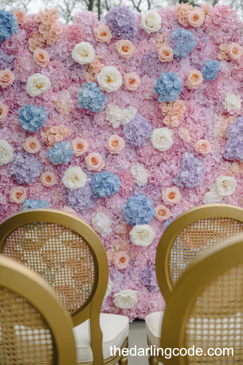 Pastel Flower Wall Photo Backdrop With Vintage Chairs