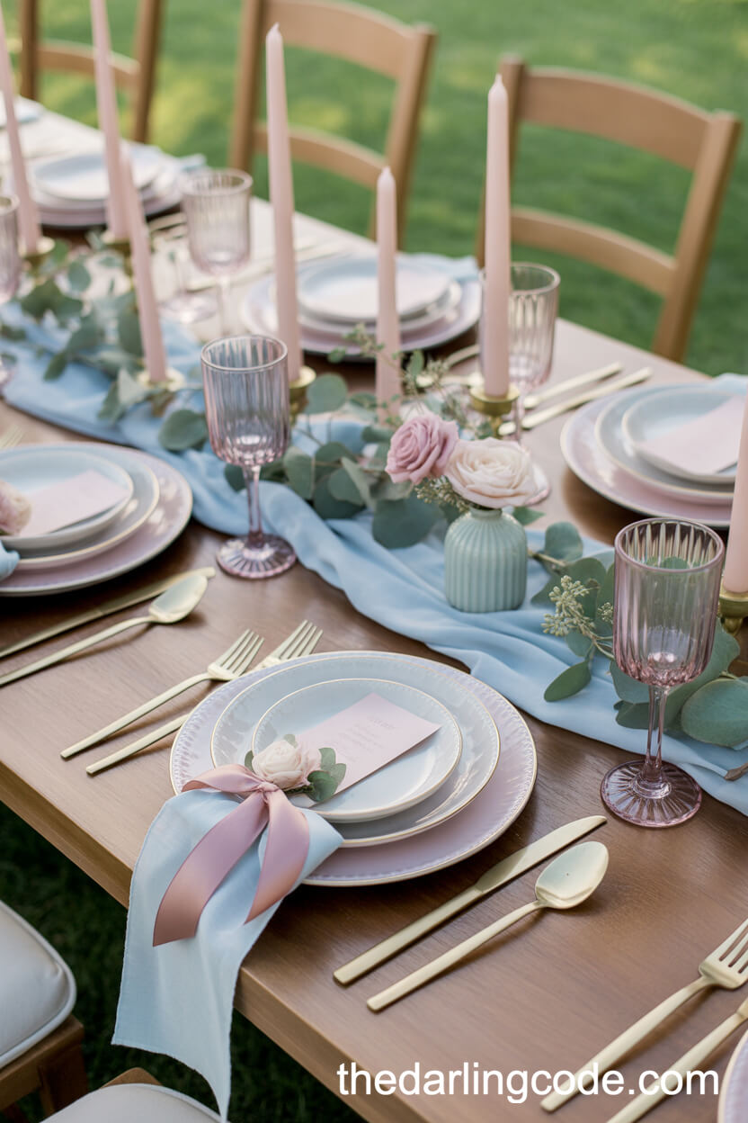 Outdoor Table Setting With Antique Pastel China And Bud Vases