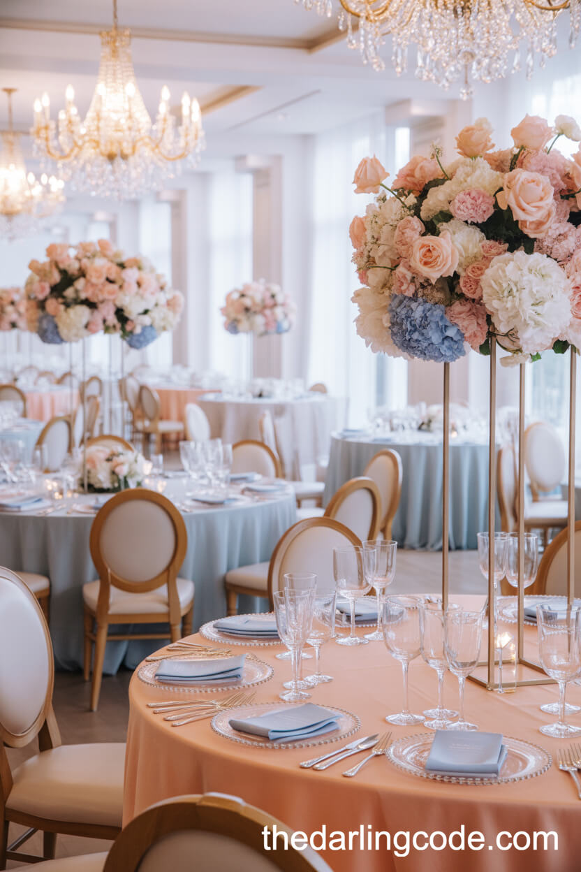 Opulent Ballroom Tables With Pastel Linens And Tall Arrangements