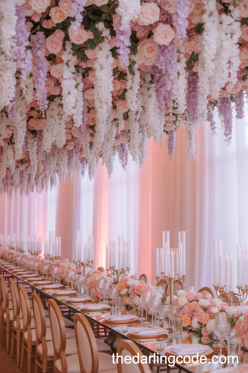 Grand Ceiling Of Cascading Pastel Florals In Indoor Venue