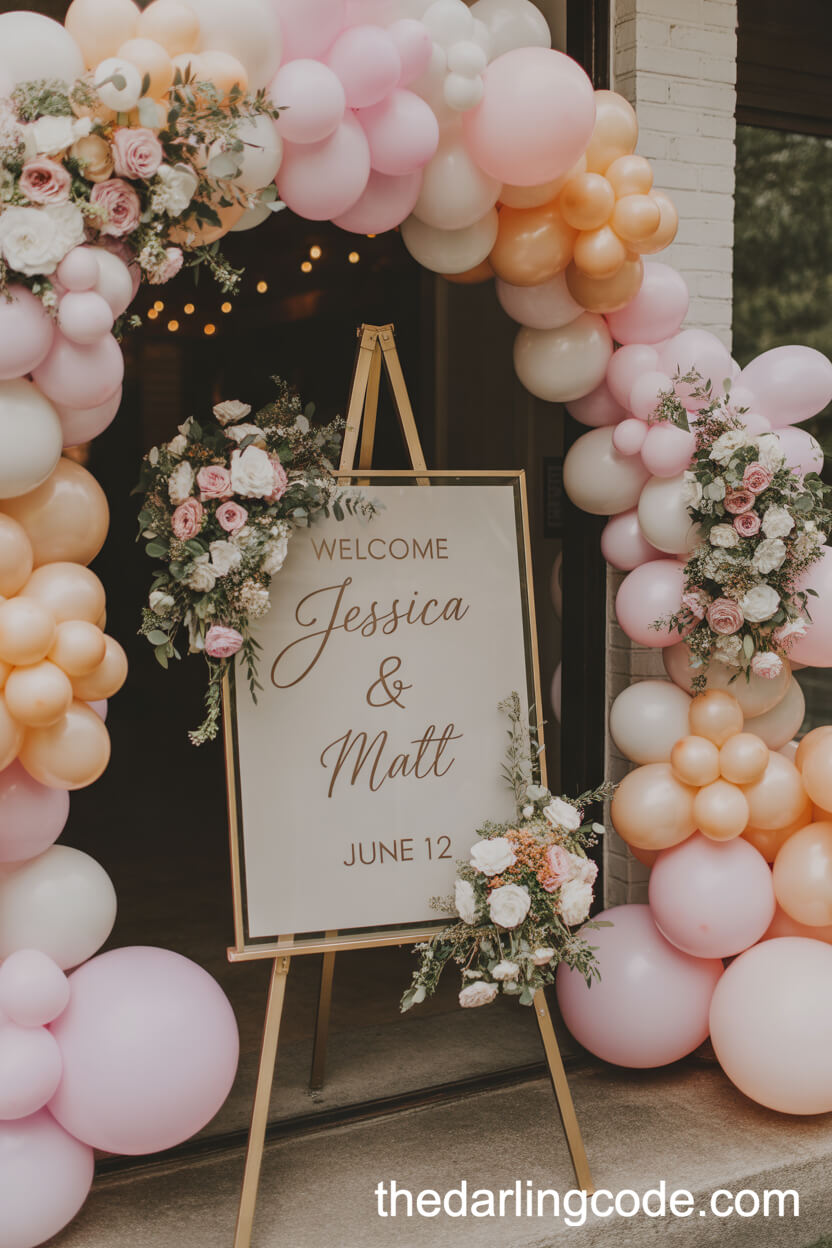 Artful Entryway With Pastel Balloons And Floral Arc