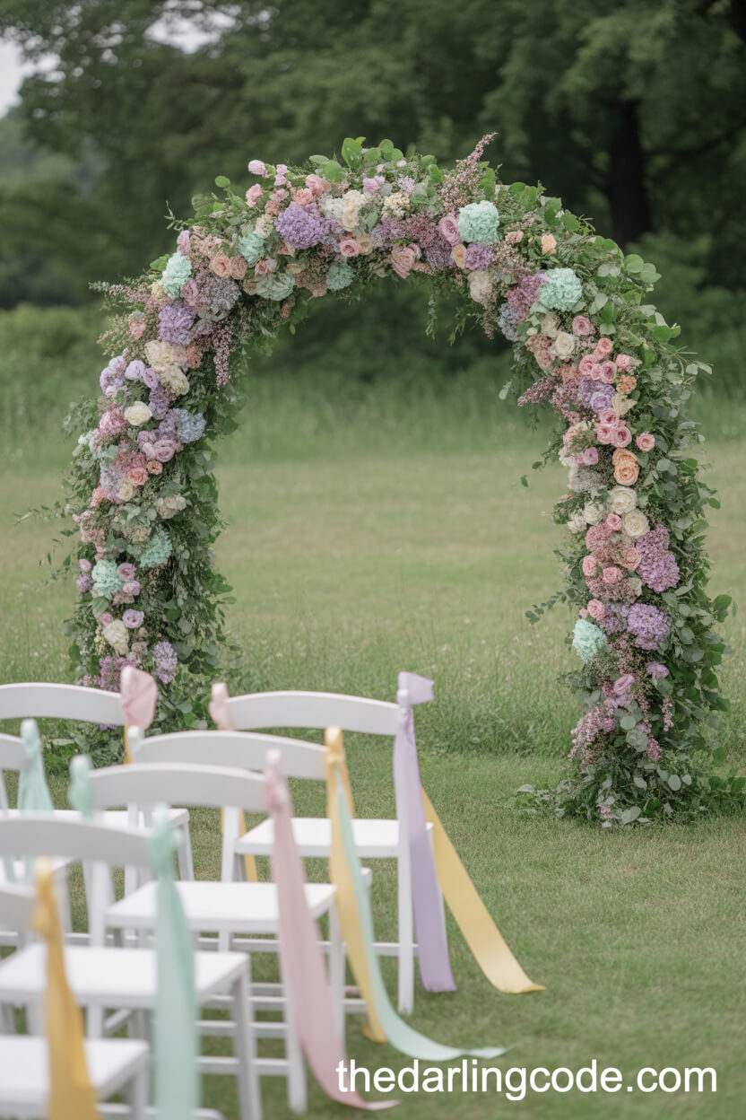 Meadow Ceremony Arch Wrapped In Pastel Floral Garlands