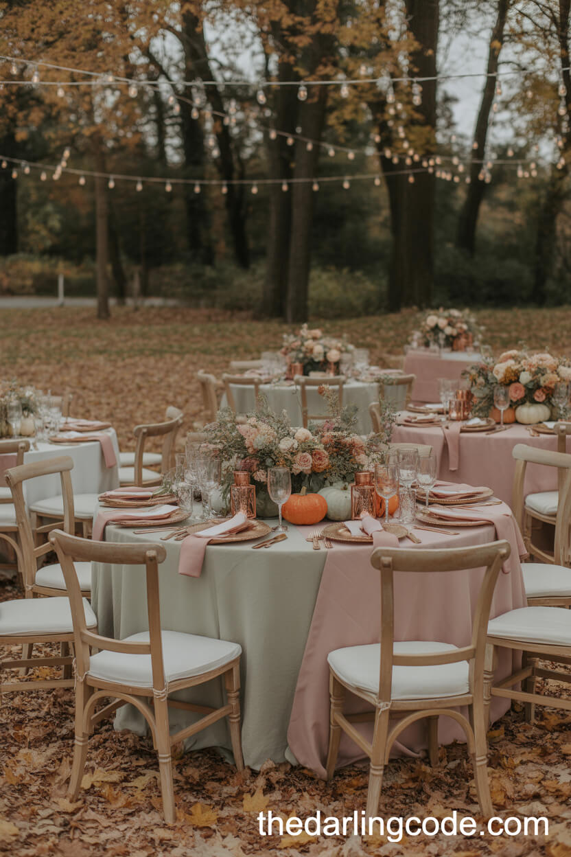 Cozy Woodland Reception With Pastel Pumpkins And Lanterns