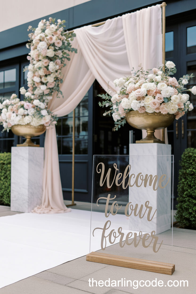 Grand Entrance Featuring Oversized Pastel Florals And Gold Signage