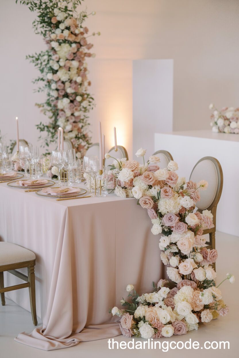 Romantic Sweetheart Table With Cascading Pastel Floral Runner
