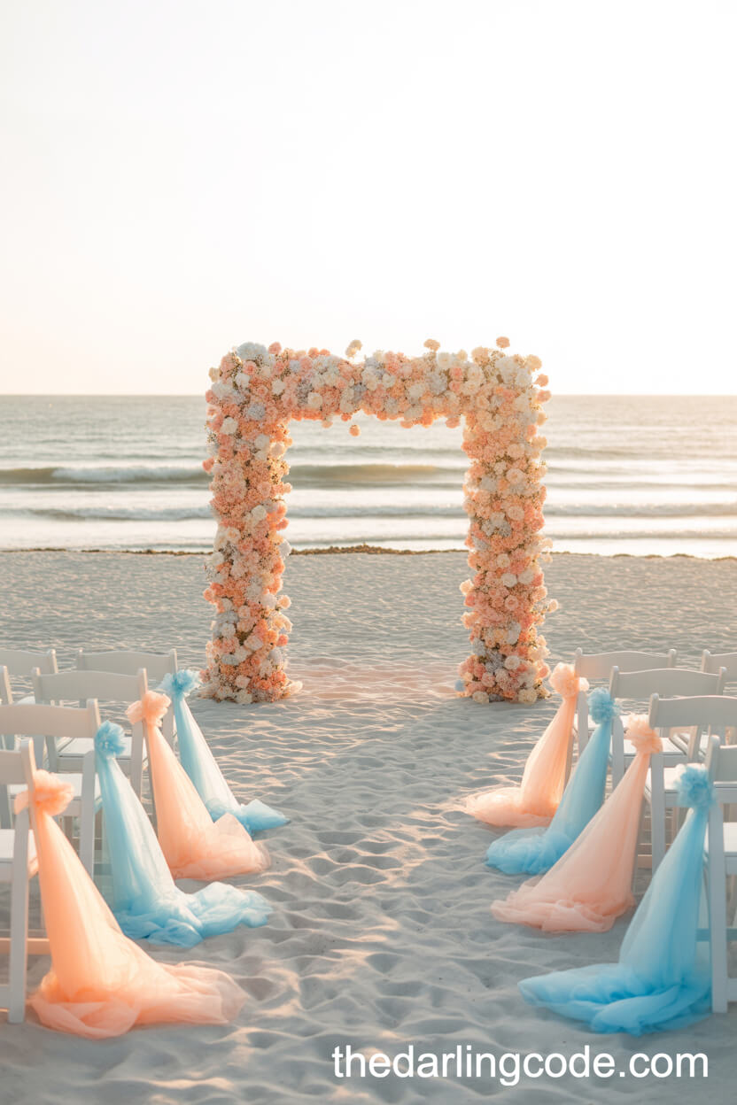 Beachside Ceremony With Ombré Pastel Flower Arch