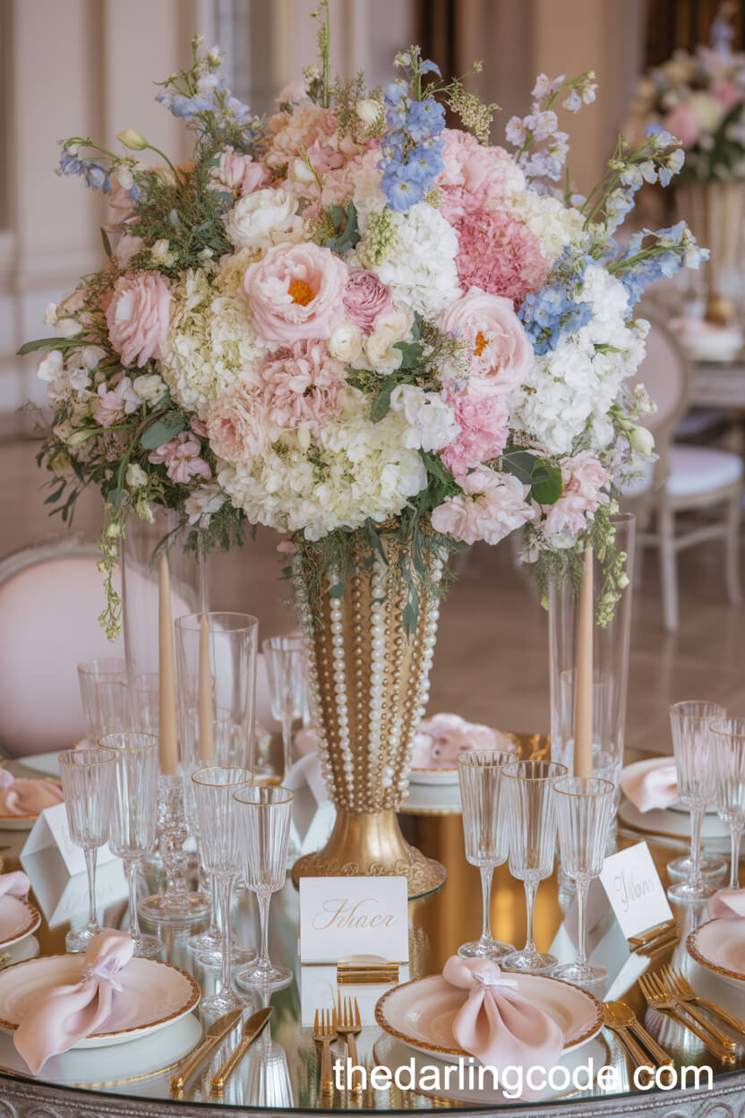 Opulent Reception Table With Towering Pastel Floral Centerpiece