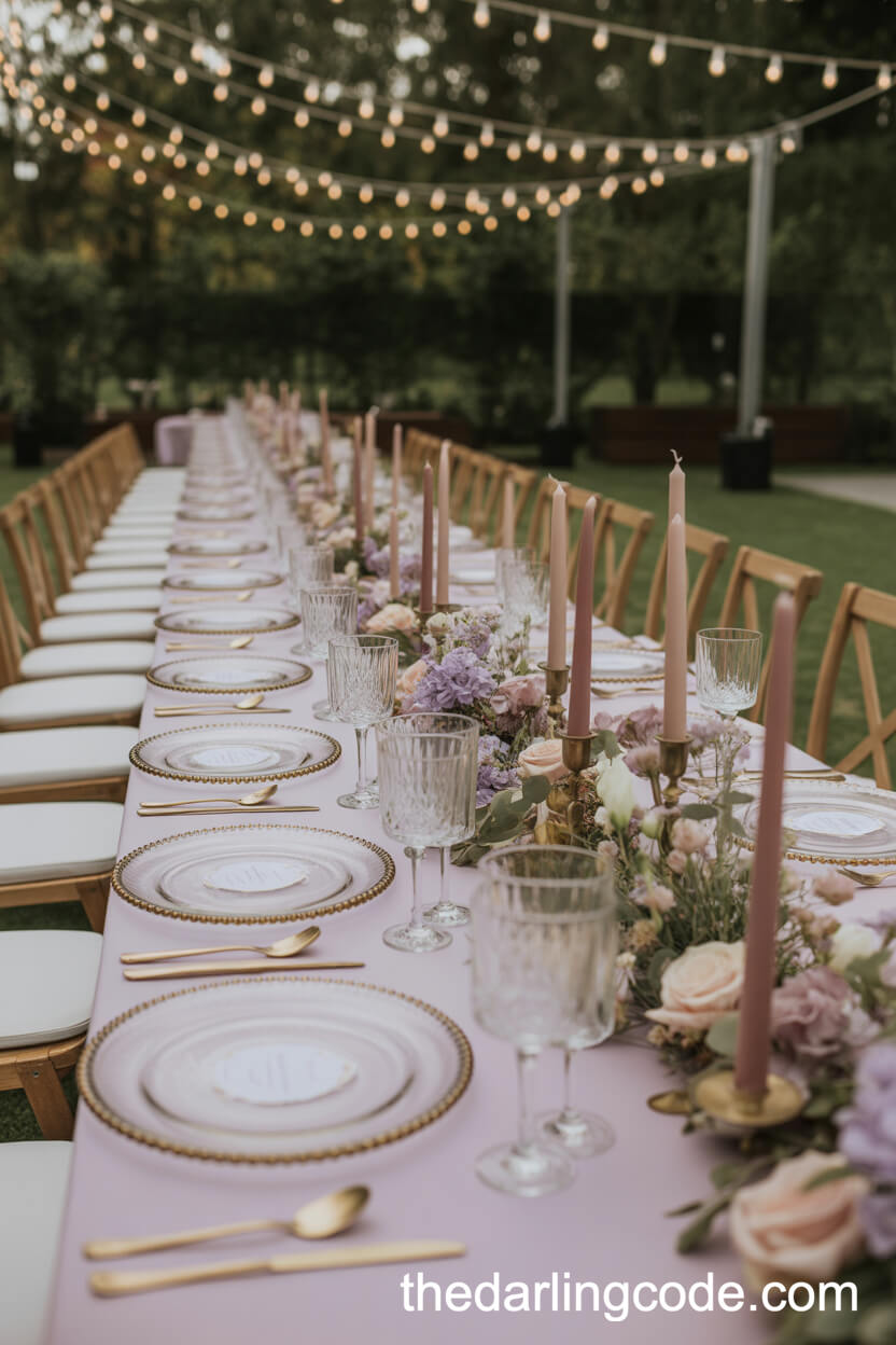 Intimate Pastel Banquet Table Under Twinkle Lights