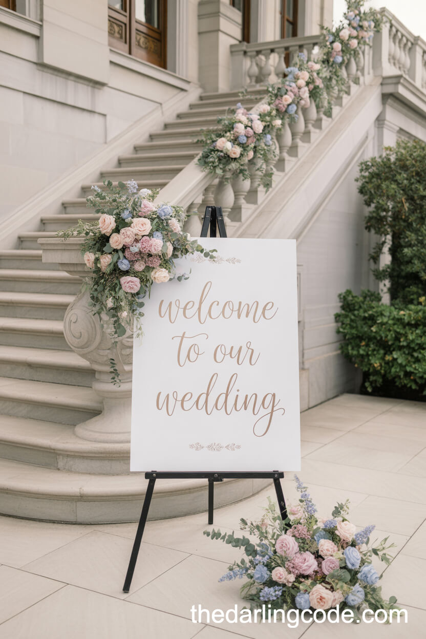 Grand Mansion Entrance With Pastel Floral Welcome