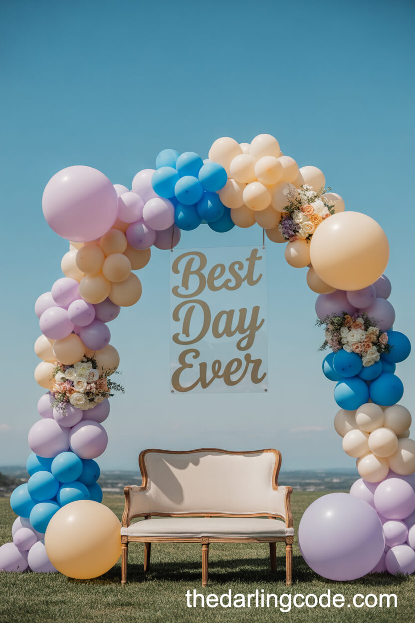 Festive Pastel Balloon Arch Wedding Photo Spot