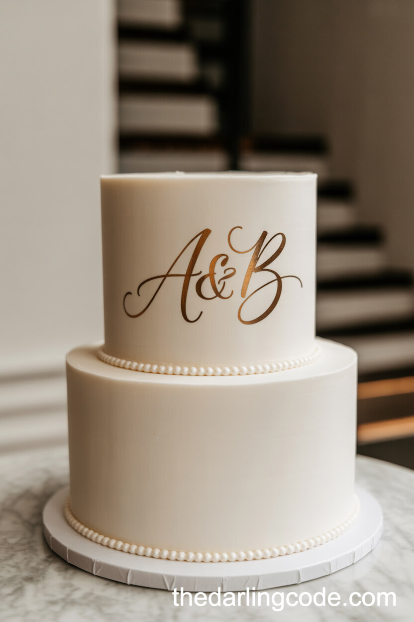 Minimalist White Cake With Pearl Monogram