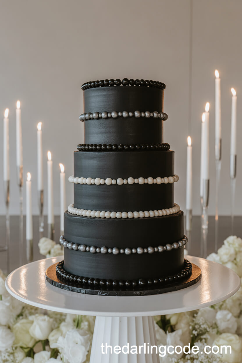 Black Fondant Cake With Contrasting Pearl Rows