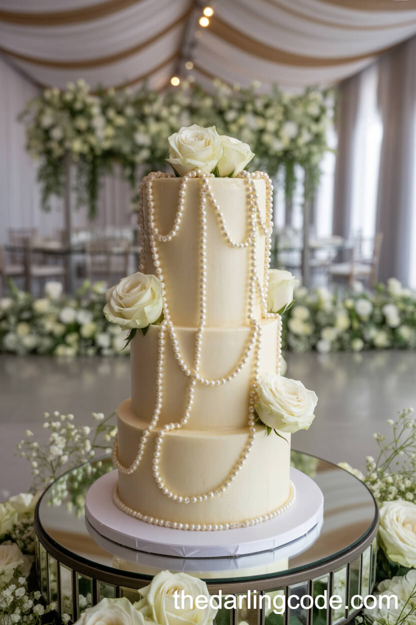 Tall Cake With Drape-Style Pearl Garlands