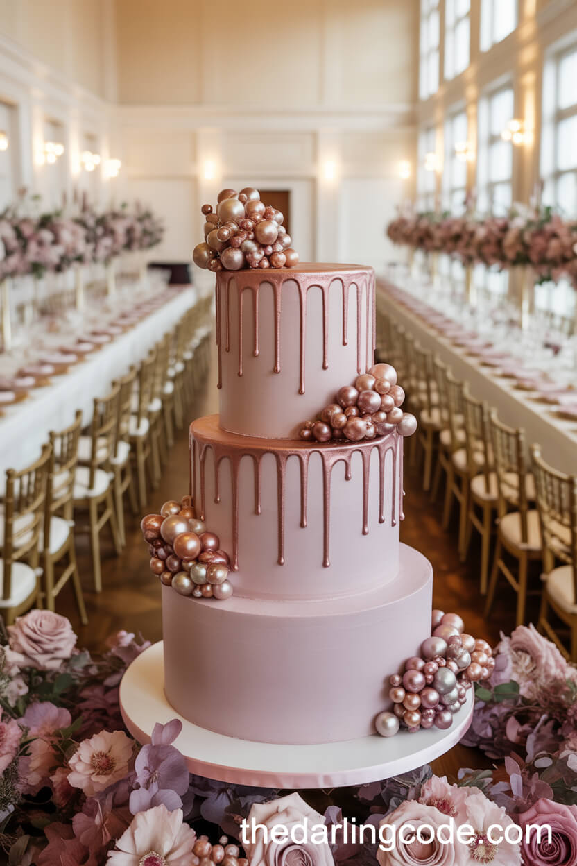 Mauve And Rose Gold Cake With Pearl Clusters