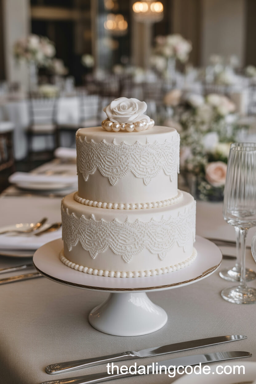 Lace-Patterned Cake With Pearl Borders