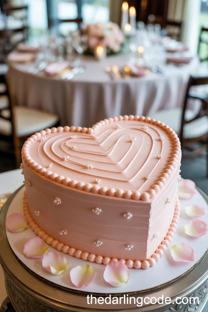 Blush Pink Heart-Shaped Cake With Pearl Trim