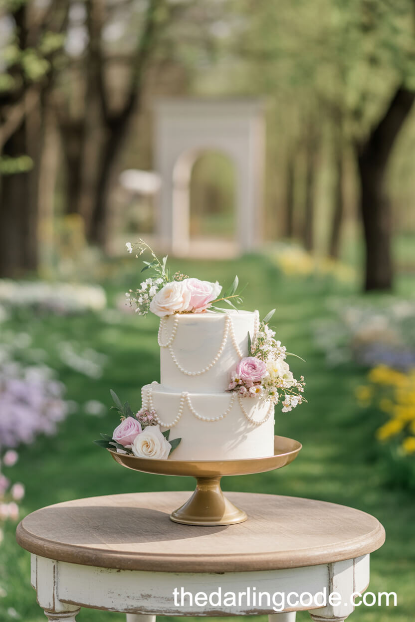 Spring Garden Cake With Pearls And Pastel Flowers
