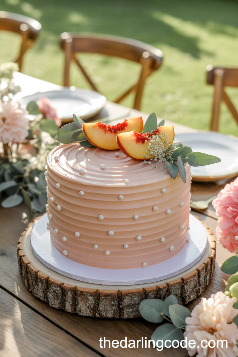 Blush Pink Rustic Cake With Pearls And Peach Slices