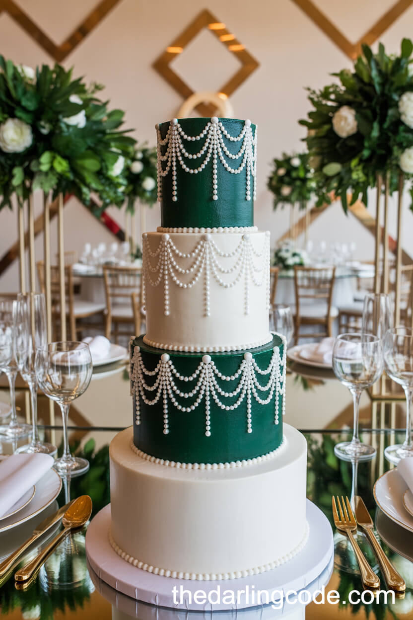 Emerald And White Art Deco Pearl Cake