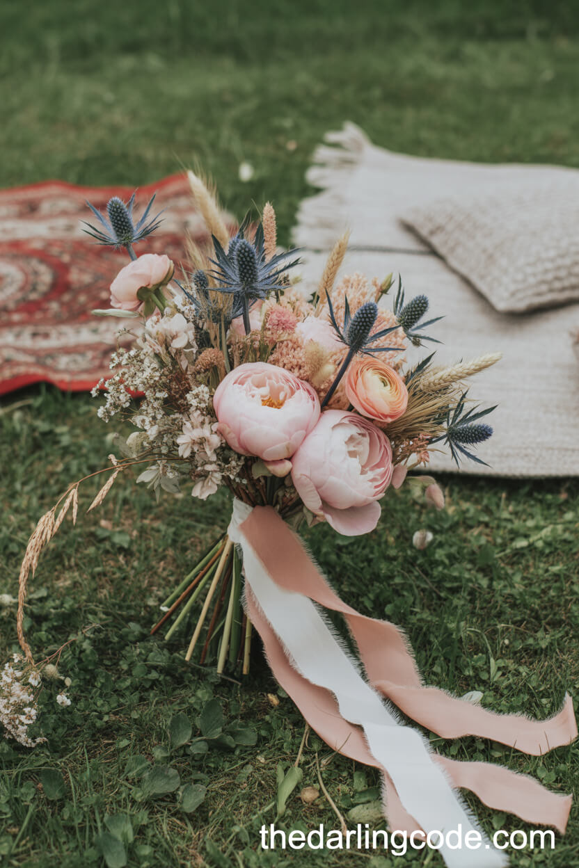 Bohemian Peony, Ranunculus, And Wheat Bouquet