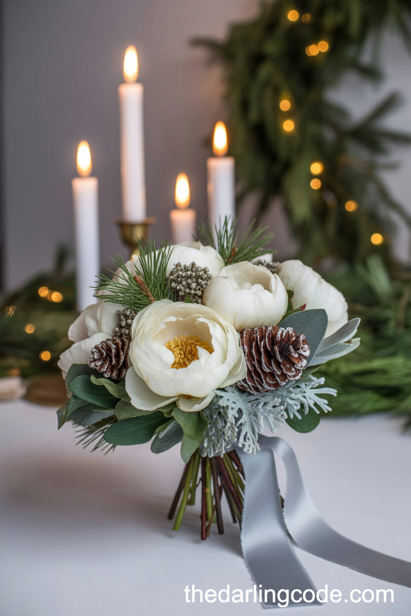 Snowy White Peony Winter Wedding Bouquet