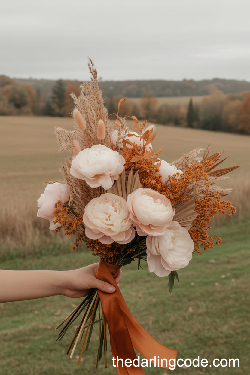 Blush Peony And Dried Grass Autumn Bridal Bouquet
