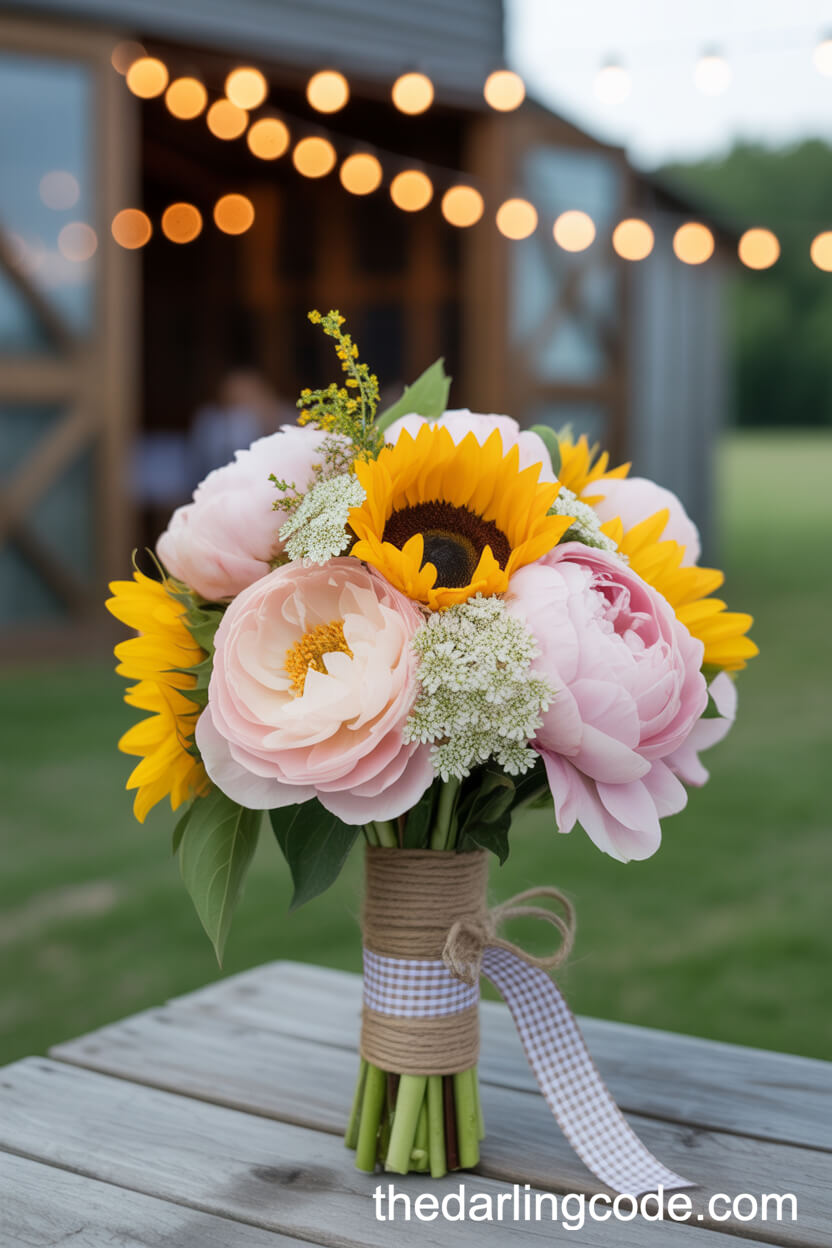 Pink Peony And Sunflower Cheerful Summer Bouquet