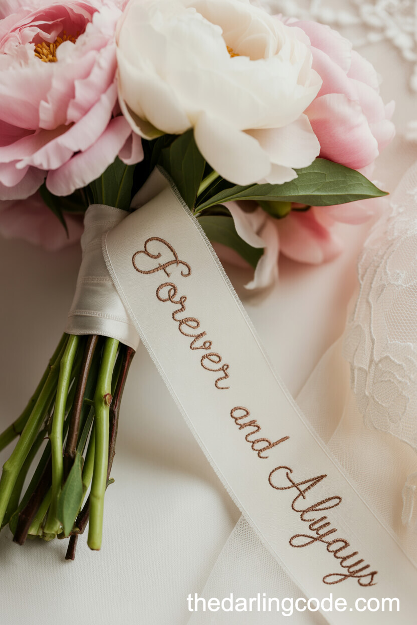 Pink And White Peony Bouquet With Embroidered Ribbon