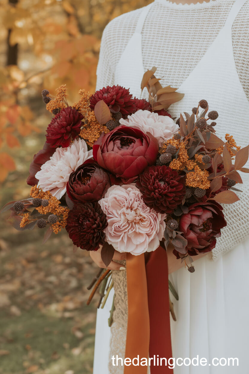 Burgundy Peony And Dahlia Fall Bridal Bouquet