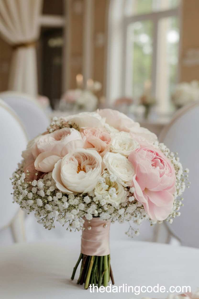 Pastel Peony And Baby’s Breath Elegant Bridal Bouquet