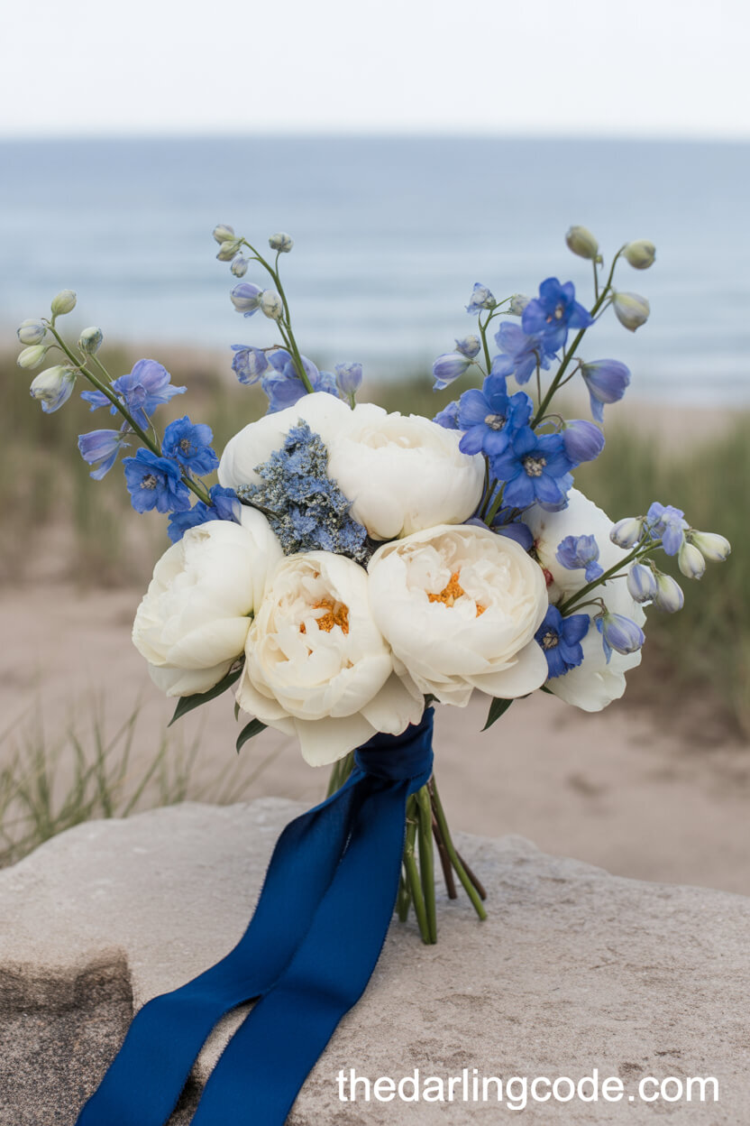 Ivory Peony And Blue Delphinium Coastal Wedding Bouquet