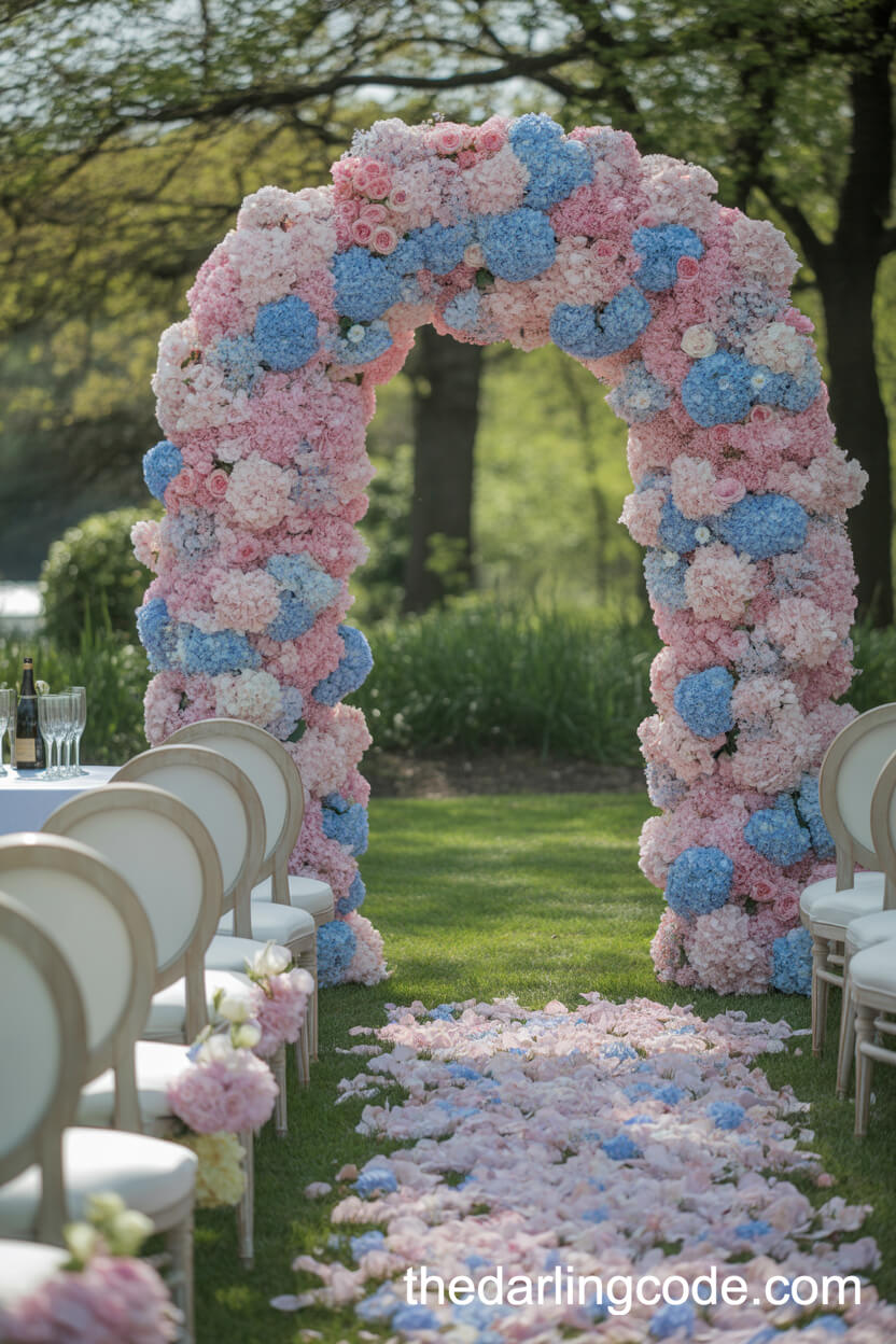 Pink And Blue Floral Arch Outdoor Spring Wedding Ceremony