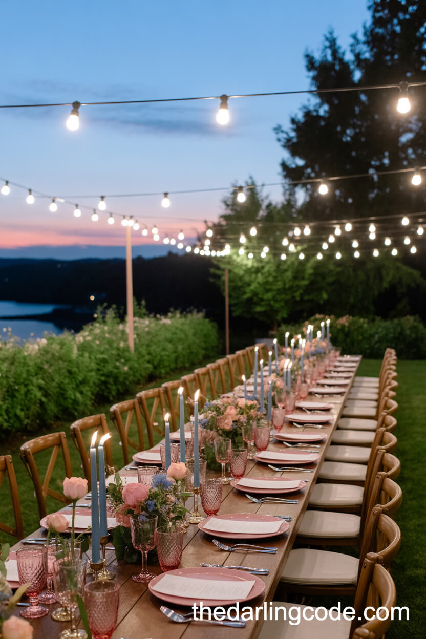 Summer Outdoor Wedding Dinner With Pink And Blue Details