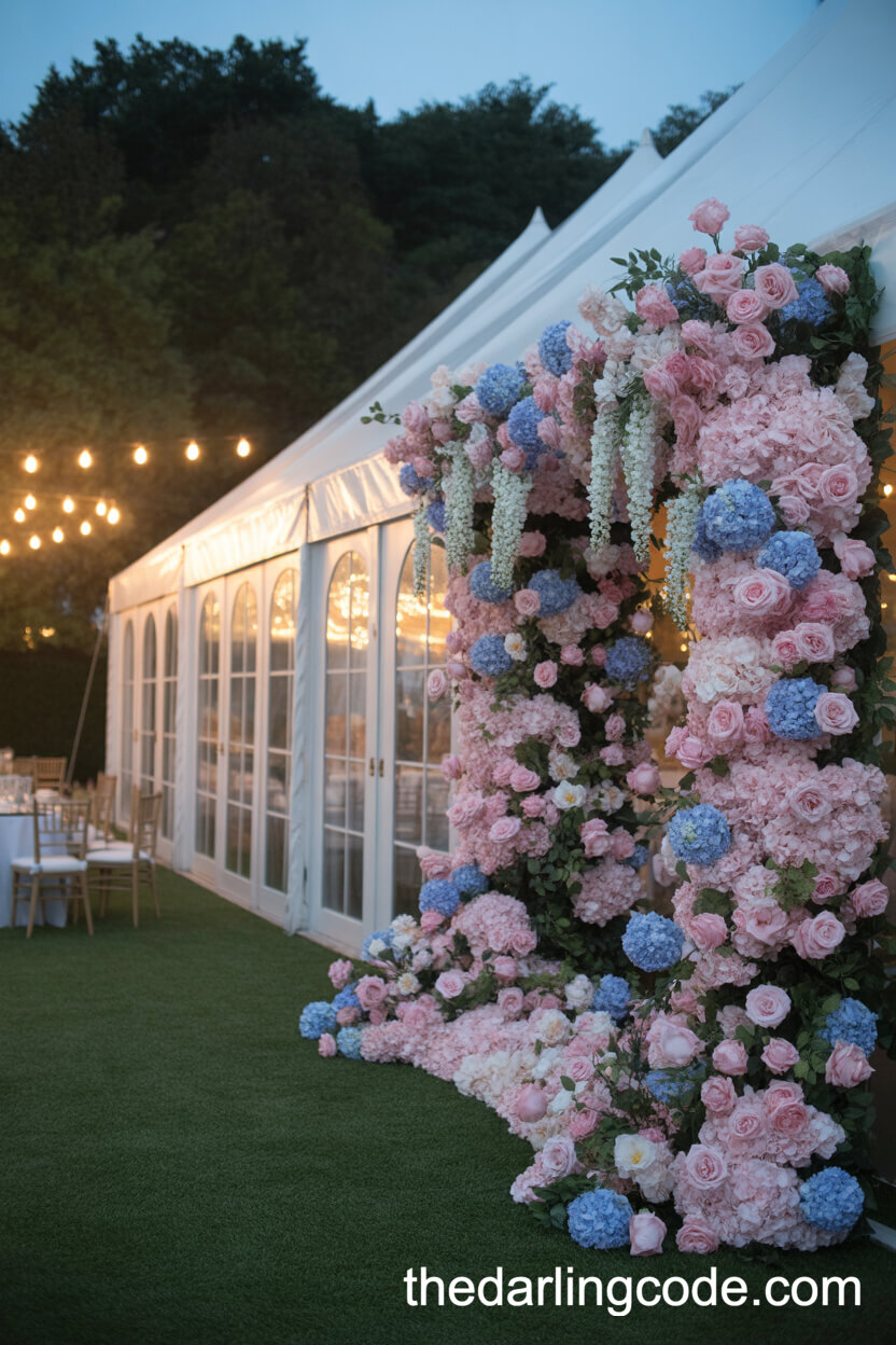 Luxurious Pink And Blue Flower Wall Backdrop